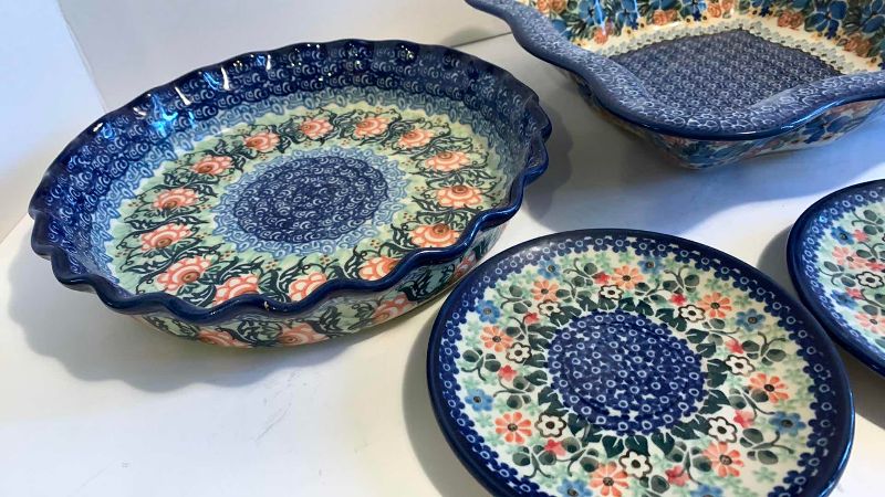 Photo 1 of 4 CERAMIKA ARTYSTYCZNA BAKING BOWL, PIE BOWL, AND 2 SAUCERS MADE IN POLAND