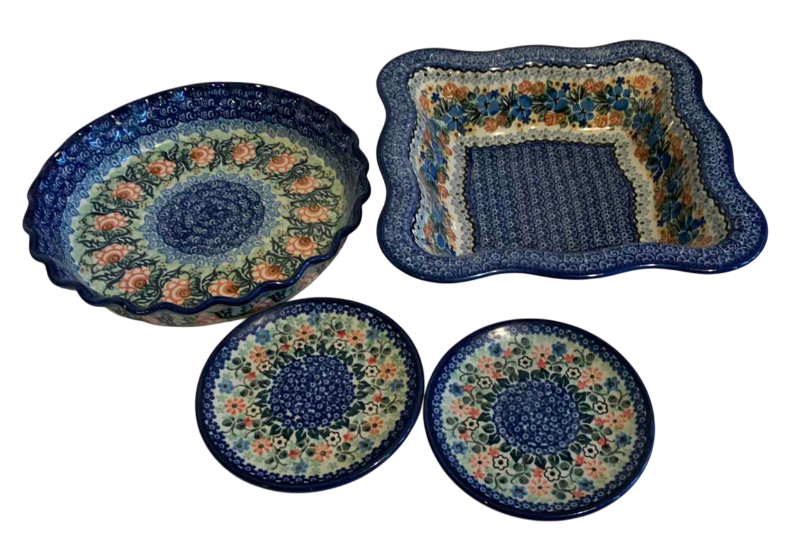 Photo 1 of 4 CERAMIKA ARTYSTYCZNA BAKING BOWL, PIE BOWL, AND 2 SAUCERS MADE IN POLAND