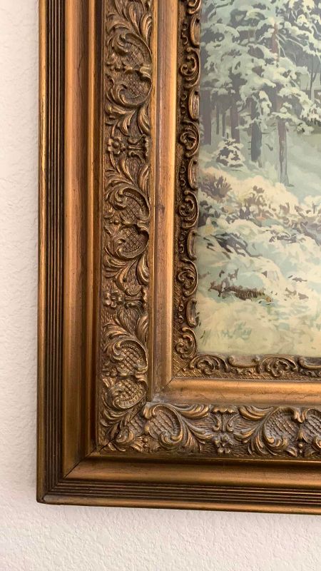 Photo 1 of ANTIQUE WINTER RURAL LANDSCAPE CHROMOLITHOGRAPHY PRINT 36” X 30”