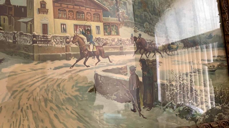 Photo 1 of ANTIQUE WINTER RURAL LANDSCAPE CHROMOLITHOGRAPHY PRINT 36” X 30”