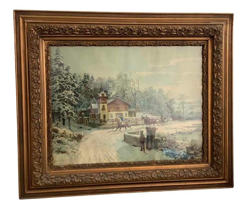 Photo 1 of ANTIQUE WINTER RURAL LANDSCAPE CHROMOLITHOGRAPHY PRINT 36” X 30”