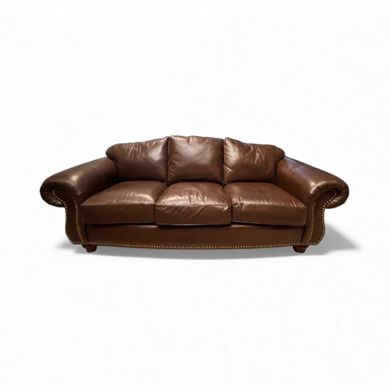 Photo 1 of THOMASVILLE BROWN LEATHER SOFA WITH ROLLED ARMS AND NAILHEAD TRIM 90.0" W x 38.0" H x 40.0" D