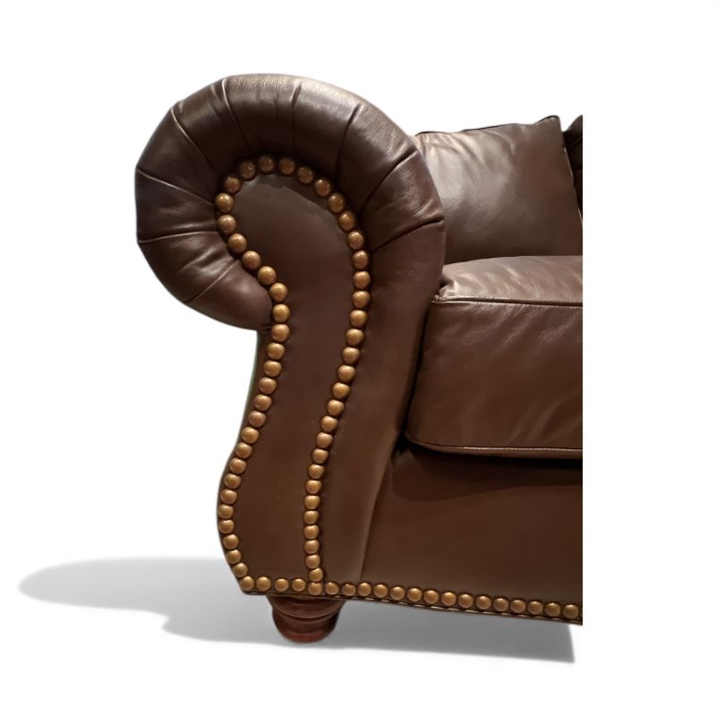 Photo 1 of THOMASVILLE BROWN LEATHER SOFA WITH ROLLED ARMS AND NAILHEAD TRIM 90.0" W x 38.0" H x 40.0" D