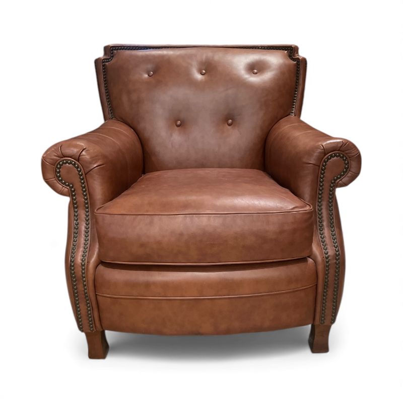 Photo 1 of BROWN LEATHER WINGBACK ACCENT CHAIR WITH NAILHEAD TRIM 33.5”H OF CHAIR BACK AND 34”W