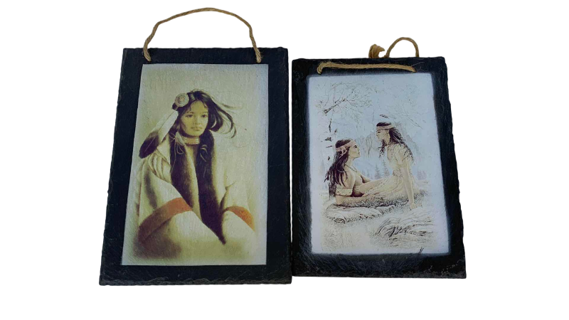 Photo 1 of 2 AMERICAN INDIAN INSPIRED PRINTS ON STONE BACKGROUNDS 11” X 8”