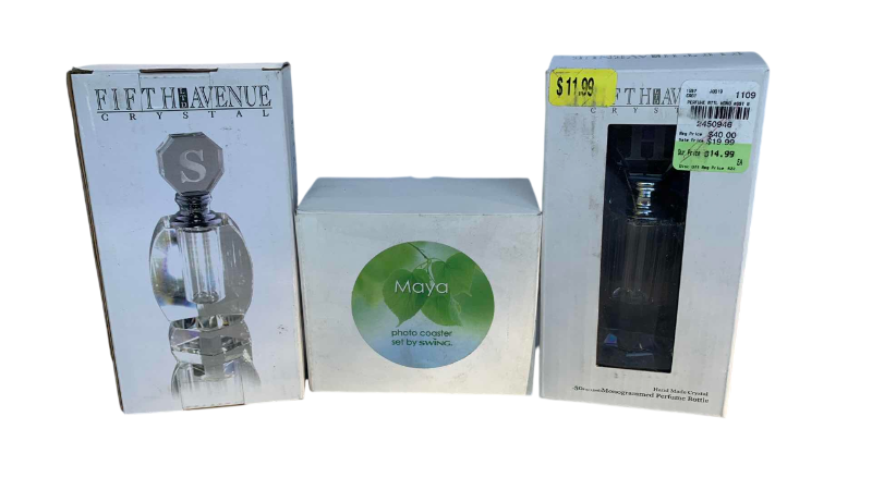 Photo 1 of 2 FIFTH AVENUE CRYSTAL MONOGRAMMED PERFUME BOTTLES LETTER H AND A MAYA PHOTO COASTERS SET