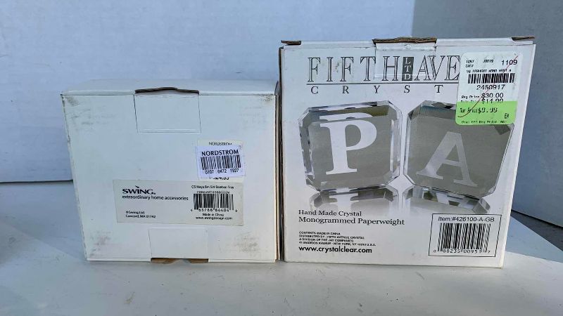 Photo 1 of 2 FIFTH AVENUE CRYSTAL MONOGRAMMED PAPERWEIGHTS LETTER M AND A MAYA PHOTO COASTERS SET