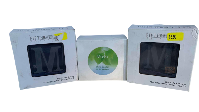 Photo 1 of 2 FIFTH AVENUE CRYSTAL MONOGRAMMED PAPERWEIGHTS LETTER M AND A MAYA PHOTO COASTERS SET