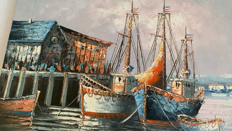 Photo 1 of SEASIDE BOATS MOORING ARTWORK OIL ONE IS SIGNED BY ARTIST