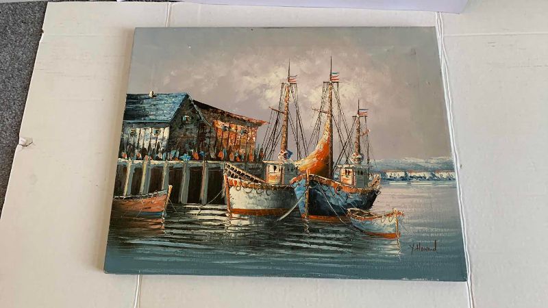 Photo 1 of SEASIDE BOATS MOORING ARTWORK OIL ONE IS SIGNED BY ARTIST