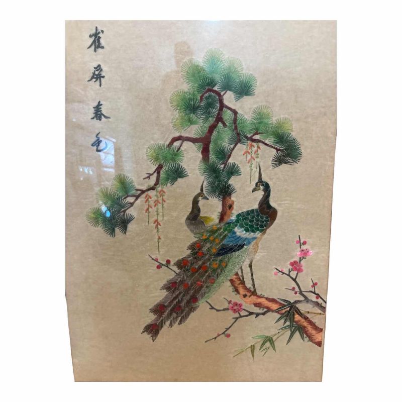 Photo 1 of FRAMED ARTWORK VINTAGE RARE CHINOISERIE CHINESE HAND EMBROIDERED PEACOCK SILK THREAD ART “20.5”X27”