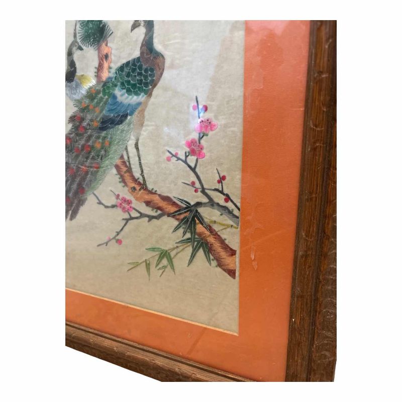 Photo 1 of FRAMED ARTWORK VINTAGE RARE CHINOISERIE CHINESE HAND EMBROIDERED PEACOCK SILK THREAD ART “20.5”X27”