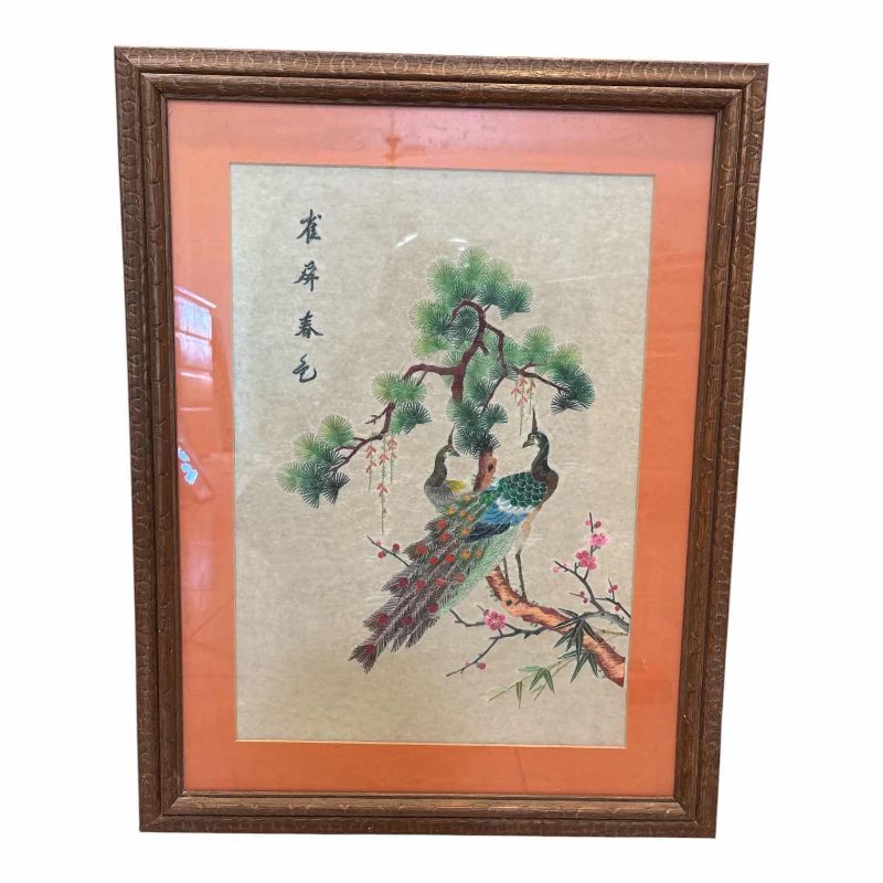 Photo 1 of FRAMED ARTWORK VINTAGE RARE CHINOISERIE CHINESE HAND EMBROIDERED PEACOCK SILK THREAD ART “20.5”X27”