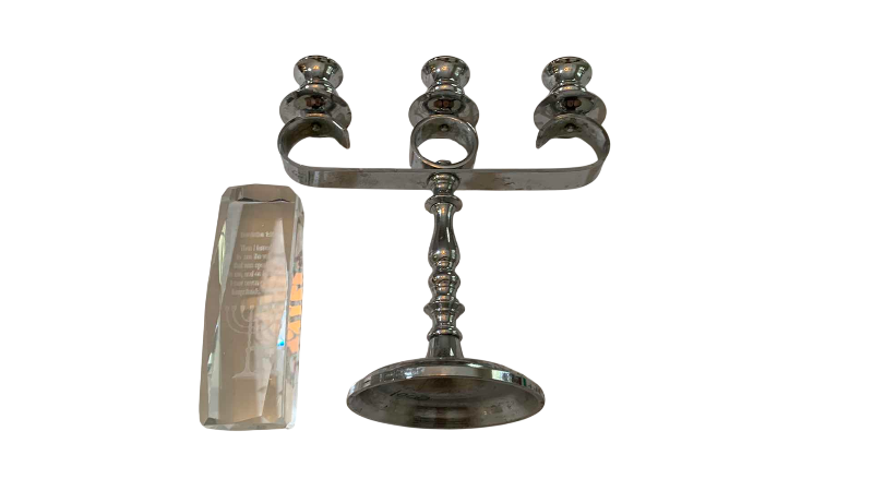 Photo 1 of RELIGIOUS CANDELABRA AND COMMEMORATIVE CRYSTAL