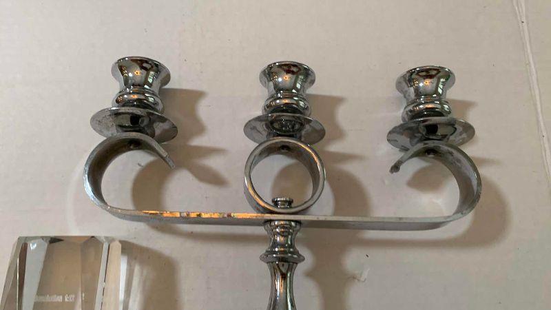Photo 1 of RELIGIOUS CANDELABRA AND COMMEMORATIVE CRYSTAL