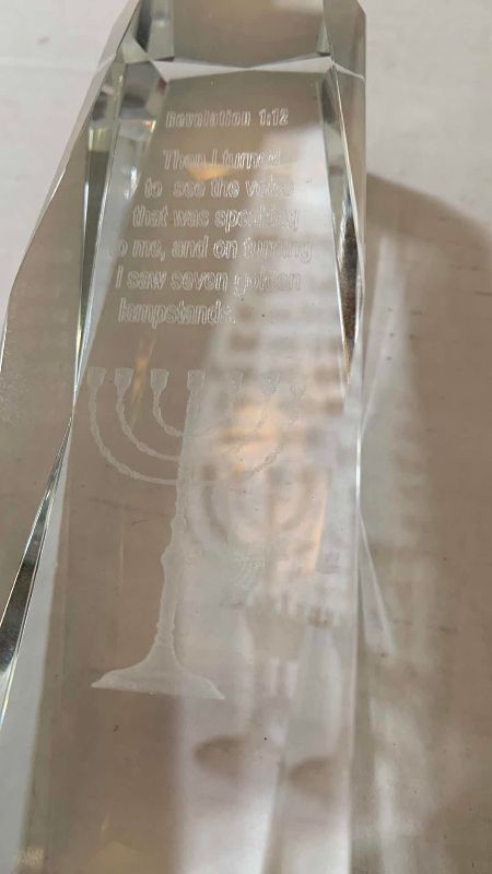 Photo 1 of RELIGIOUS CANDELABRA AND COMMEMORATIVE CRYSTAL