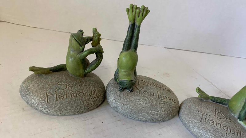 View 2 of THREE RESIN YOGA FROGS 3 1/2" TALL
