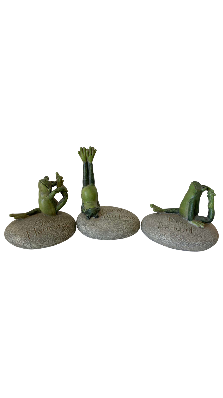 View 1 of THREE RESIN YOGA FROGS 3 1/2" TALL