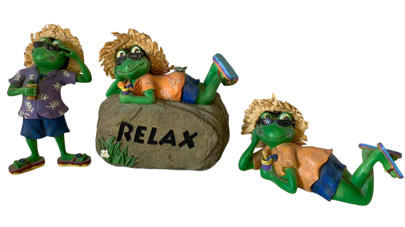 View 1 of THREE RESIN FROGS TALLEST 6 1/2"