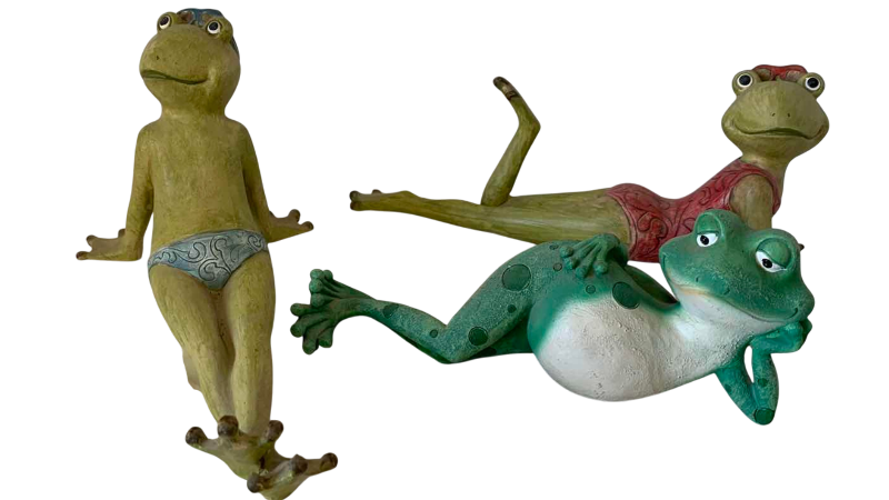 View 1 of THREE RESIN FROGS LONGEST 9 INCHES