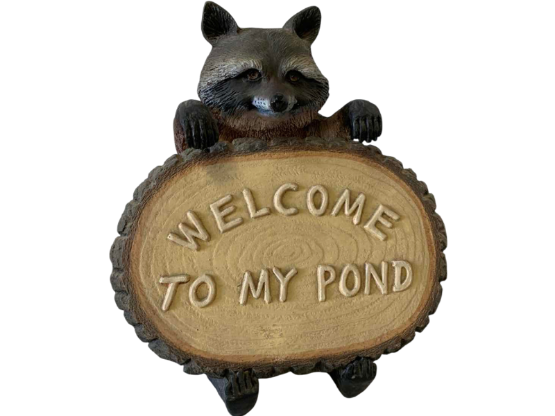 View 1 of RESIN RACCOON HOLDING WELCOME TO MY POND PLAQUE 12“ X 15 “