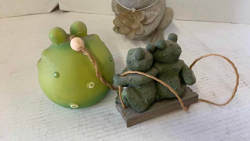 View 2 of THREE RESIN FROGS TALLEST 9 INCHES