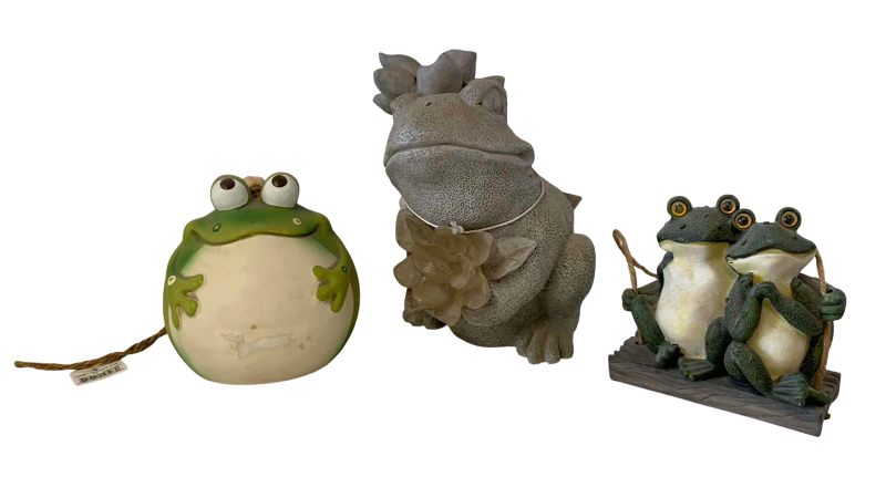 View 1 of THREE RESIN FROGS TALLEST 9 INCHES