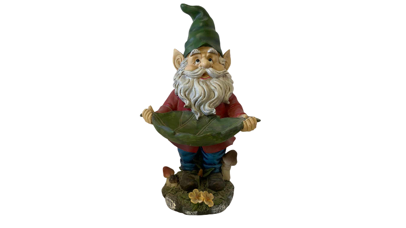 View 1 of GARDEN GNOME HOLDING BIRDFEEDER LEAF 17” TALL