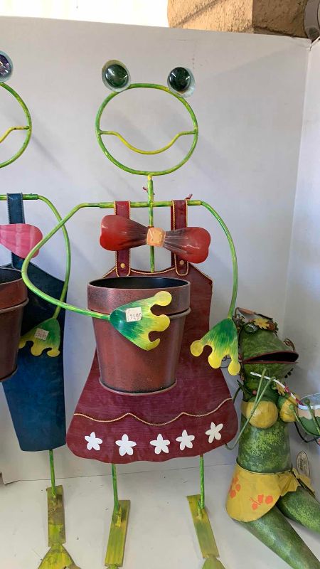 View 3 of THREE METAL FROG PLANT STANDS TALLEST 33”