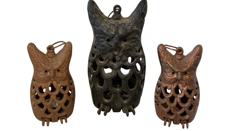 View 1 of THREE METAL OWL CANDLEHOLDERS, TALLEST 10”