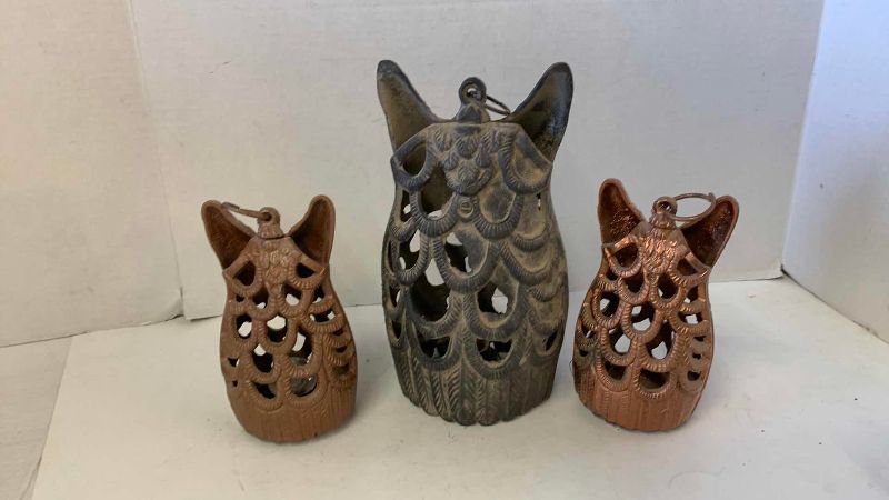 View 2 of THREE METAL OWL CANDLEHOLDERS, TALLEST 10”