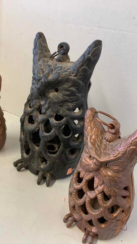 View 3 of THREE METAL OWL CANDLEHOLDERS, TALLEST 10”