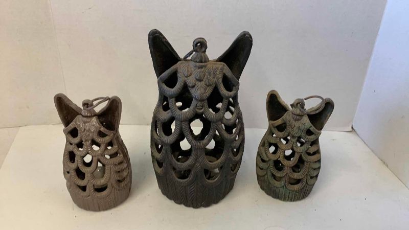 View 3 of THREE METAL OWL CANDLEHOLDERS, TALLEST 10”