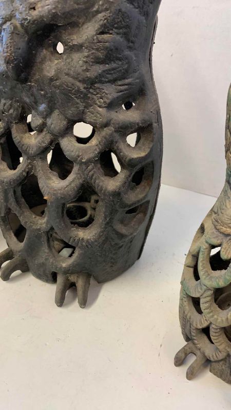 View 2 of THREE METAL OWL CANDLEHOLDERS, TALLEST 10”