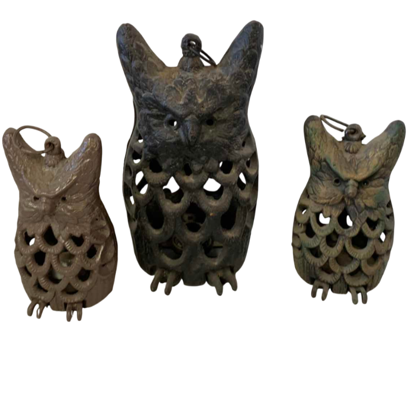 View 1 of THREE METAL OWL CANDLEHOLDERS, TALLEST 10”