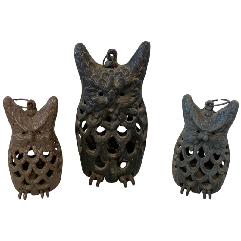 View 1 of THREE METAL OWL CANDLEHOLDERS, TALLEST 10”