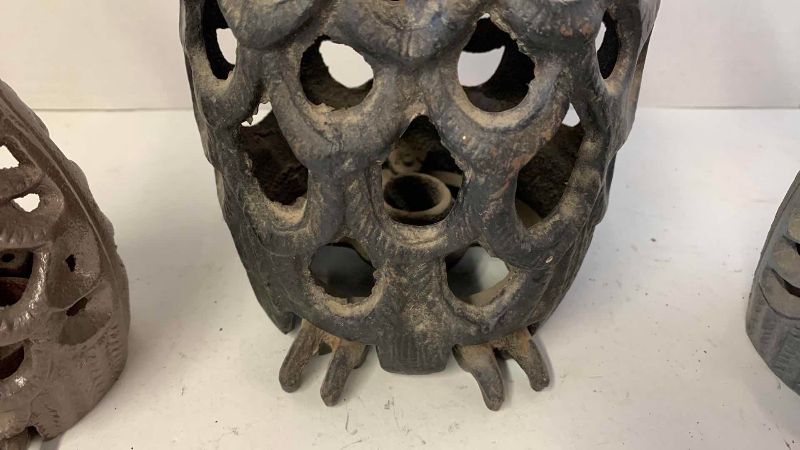 View 3 of THREE METAL OWL CANDLEHOLDERS, TALLEST 10”