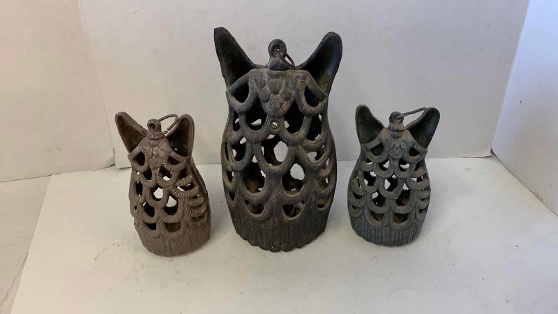 View 2 of THREE METAL OWL CANDLEHOLDERS, TALLEST 10”