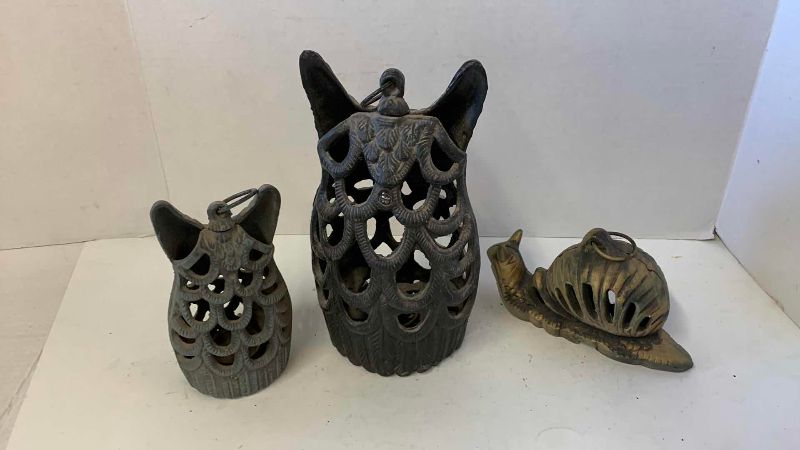 View 2 of THREE METAL CANDLEHOLDERS, TALLEST 10”
