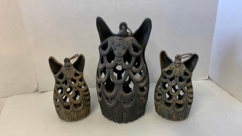 View 2 of THREE METAL OWL CANDLEHOLDERS, TALLEST 10”