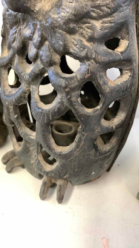 View 3 of THREE METAL OWL CANDLEHOLDERS, TALLEST 10”
