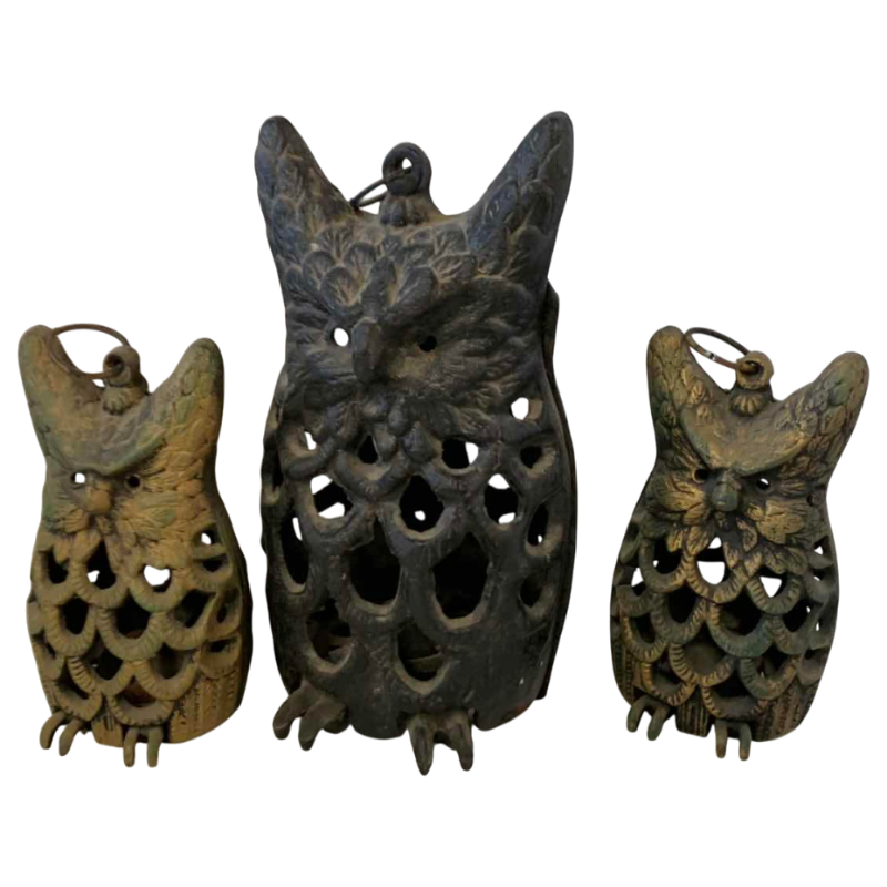 View 1 of THREE METAL OWL CANDLEHOLDERS, TALLEST 10”