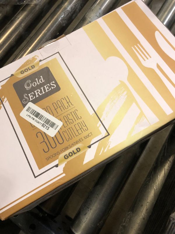 Photo 1 of N9R 300PCS Gold Plastic Silverware, Heavy Duty Gold Plastic Cutlery Set Disposable Flatware Dinnerware, 100 Forks, 100 Spoons, 100 Knives, Perfect for Party, Weeding and Daily Use