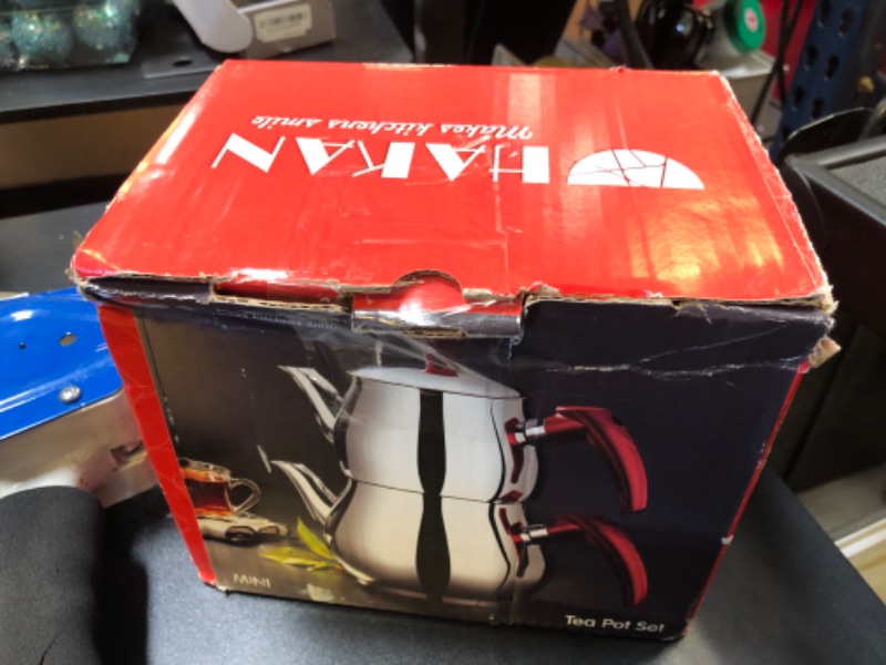 Photo 1 of Hakan Stainless Steel 2 L, 67 Oz, Mini Double Bondy Tea Pot Set with Self Strainer Double Lids, Turkish Samovar Style Teapot Set, Tea Kettle for Loose Leaf Tea with Red Bakelite Handle 2.1-Quart