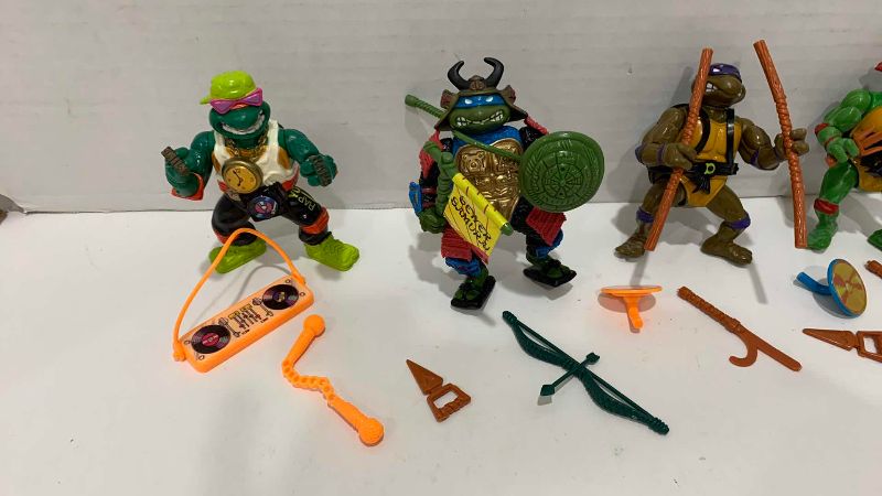 Photo 1 of 4-VINTAGE TEENAGE NINJA MUTANT TURTLES: RAPPIN MIKE, LEO THE SEWER SAMURAI, DONATELLO, AND RAPHAEL