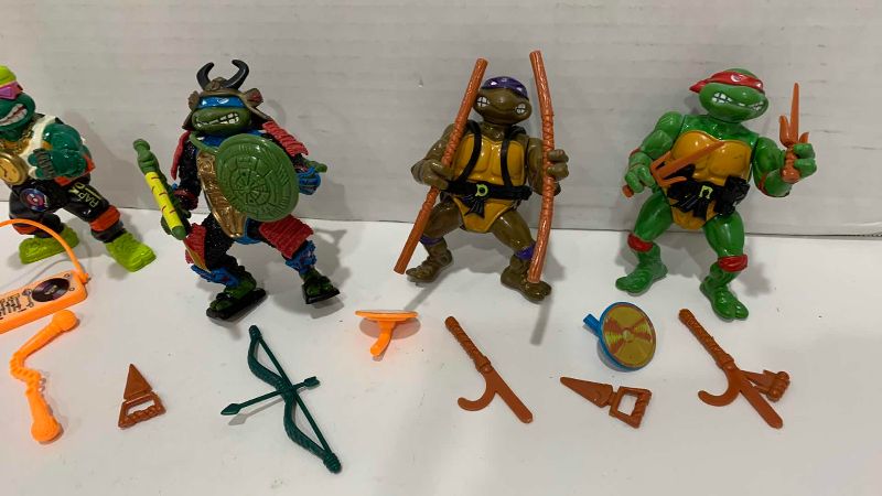 Photo 1 of 4-VINTAGE TEENAGE NINJA MUTANT TURTLES: RAPPIN MIKE, LEO THE SEWER SAMURAI, DONATELLO, AND RAPHAEL