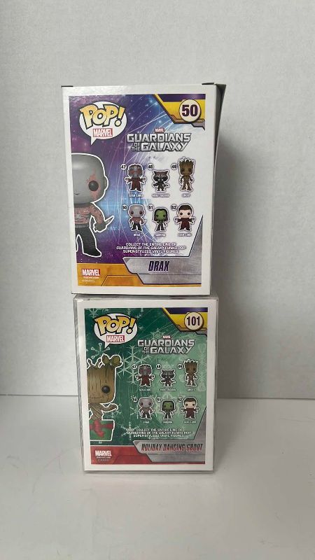 Photo 1 of FUNKO POP GUARDIANS OF THE GALAXY DRAX AND HOLIDAY DANCING GROOT #50 #101 NEW IN BOX