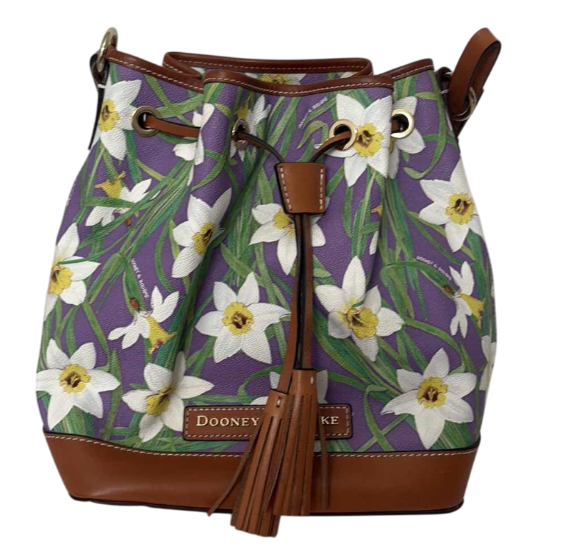 Photo 1 of DOONEY & BOURKE PURPLE DAFFODIL DRAWSTRING BUCKET BAG 12”X12” AND WRISTLET 9” X 4”