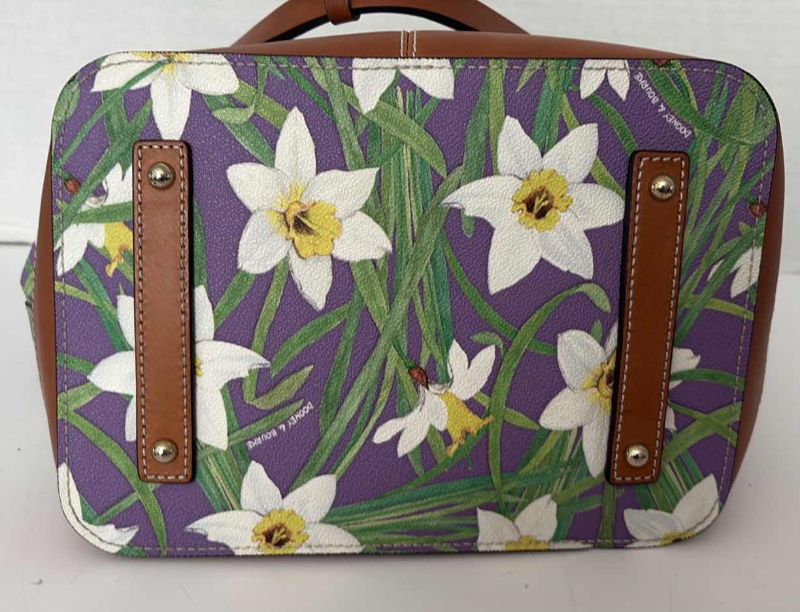 Photo 1 of DOONEY & BOURKE PURPLE DAFFODIL DRAWSTRING BUCKET BAG 12”X12” AND WRISTLET 9” X 4”