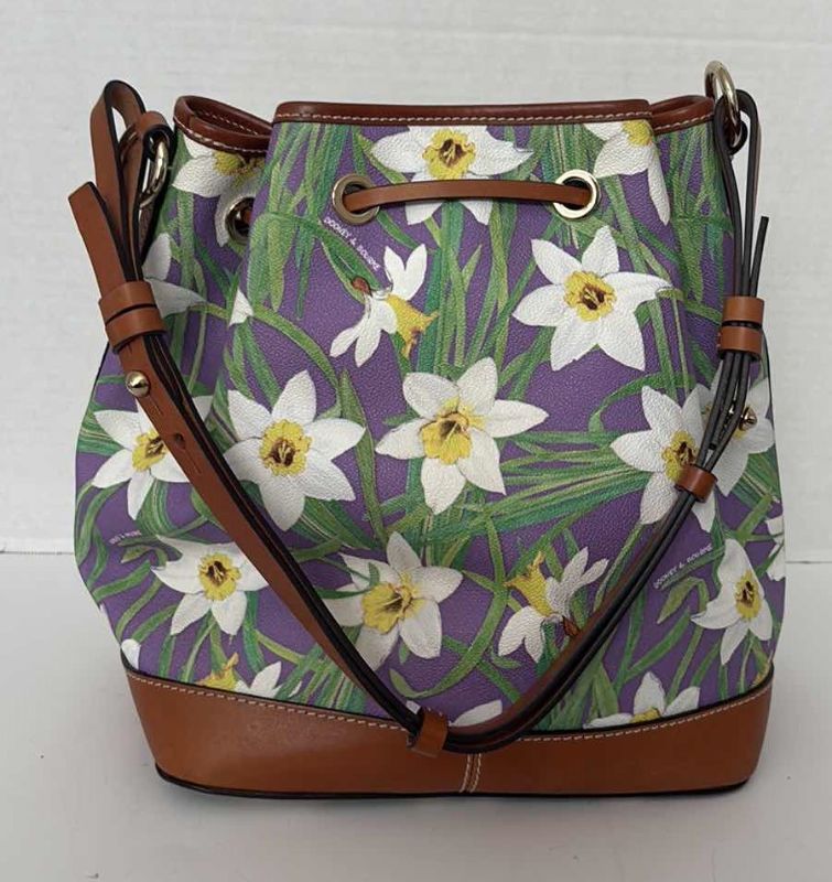 Photo 1 of DOONEY & BOURKE PURPLE DAFFODIL DRAWSTRING BUCKET BAG 12”X12” AND WRISTLET 9” X 4”